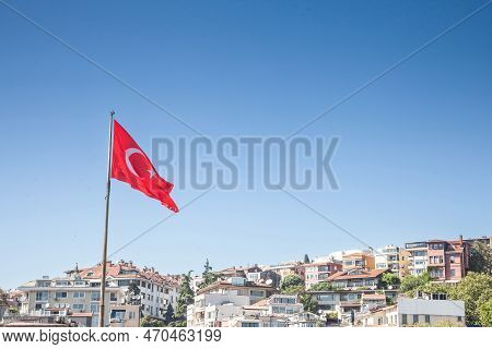 Turkish Flag Floating In The Air In Front Of A Real Estate Development Project Of Residential Houses