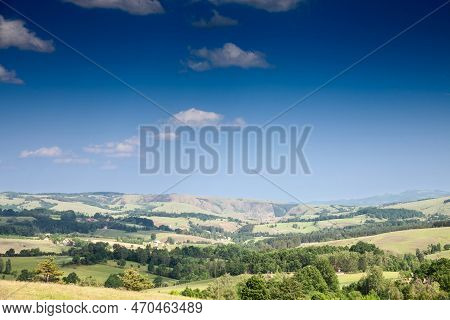 Panorama Seen From Above Of The Tometino Polje Mountains And Plain With Agricultural Landscape, A Ma