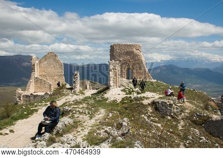 Calascio, Italy - April 15, 2021: Panoramic View Of The Ruins Of Rocca Calascio In Abruzzo During Sp