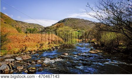 The River Towy Winding It's Way Through The Cambrian Mountains In Wales.