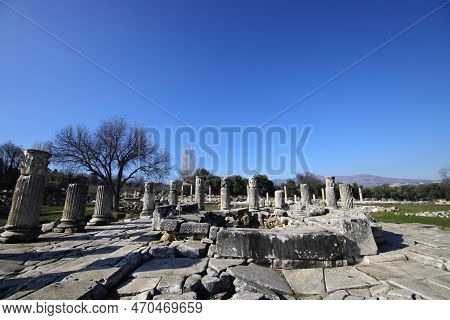 Excavations Of The Temple Of Hekate In Lagina Ancient City And Ancient Columns Yatagan Mugla Turkey
