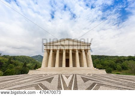 Possagno, Italy. Temple Of Antonio Canova With Classical Colonnade And Pantheon Design Exterior
