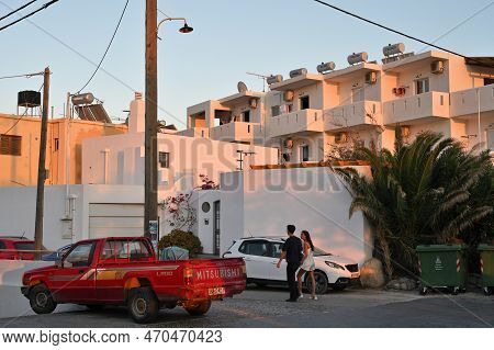 Paleochora, August 6, 2022: Private Houses Of Typical Construction In Paleochora Town, Crete Island,