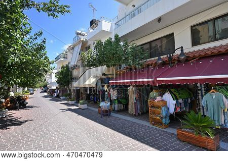 Paleochora, August 6, 2022: Colorful Clothes And Materials At Souvenir Store In Paleochora Town, Cre