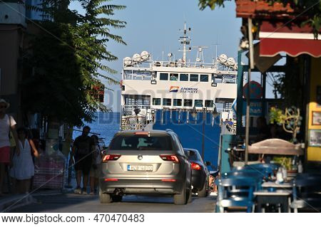 Paleochora, August 6, 2022: Ferry Parked At Pier Of Paleochora Town In Crete Island, Greece