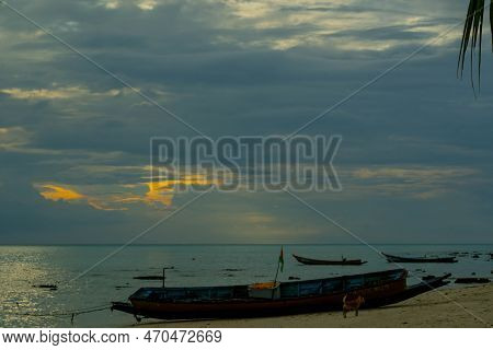 Panorama Sky And Clouds At Sunset Or Sunrise Golden Hour Natural Background And Boats.