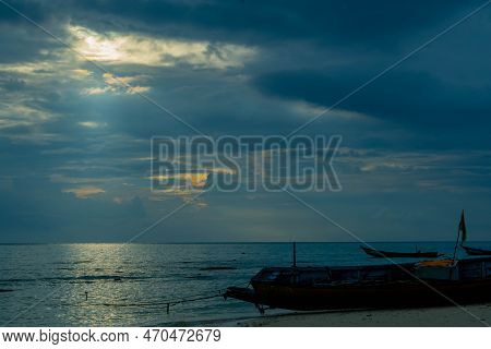 Panoramic Relaxing Calm Cloudscape With Boat In .