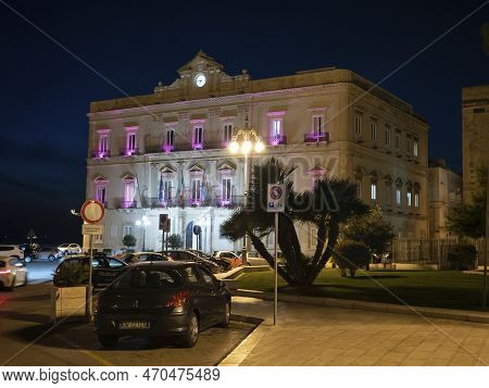 Taranto, Italy - October 28, 2021: Palazzo Di Citta Town Hall In Taranto, Italy At Night