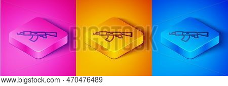 Isometric Line Submachine Gun Icon Isolated On Pink And Orange, Blue Background. Kalashnikov Or Ak47