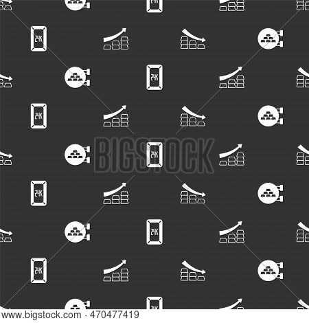 Set Falling Arrow With Gold Bars, Jewelry Store, Gold 24k And Growth On Seamless Pattern. Vector