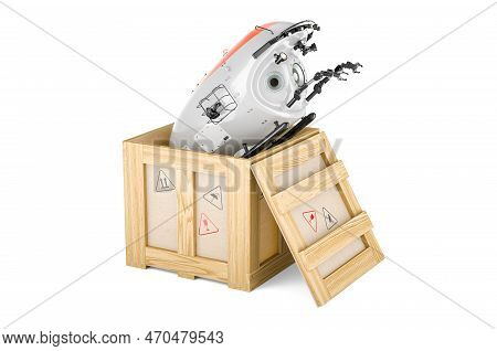 Bathyscaphe Inside Wooden Box, Delivery Concept. 3d Rendering Isolated On White Background