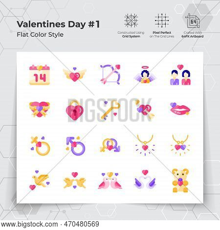 Valentine's Day Icon Set In Flat Color Style With A Love And Heart Theme. A Collection Of Love And R