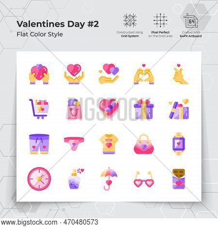 Valentine's Day Icon Set In Flat Color Style With Gifts And Fall In Love Themed. A Collection Of Lov