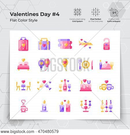 Valentine's Day Icons Set In Flat Color Style With Holiday Travelling And Dinner Themed. A Collectio