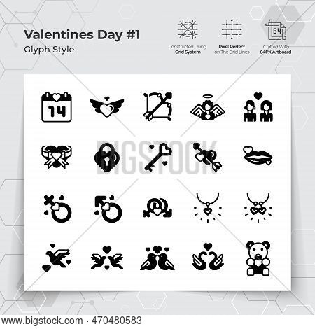 Valentine's Day Icon Set In Glyph Black Fill Style With A Love And Heart Theme. A Collection Of Love