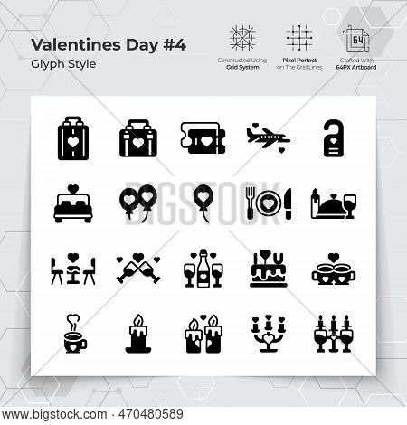 Valentine's Day Icons Set In Glyph Black Fill Style With Holiday Travelling And Dinner Themed. A Col