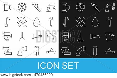 Set Line Industry Pipe And Manometer, Bucket, Wrench Spanner, Pipe Adjustable Wrench, Wave, Water Ta