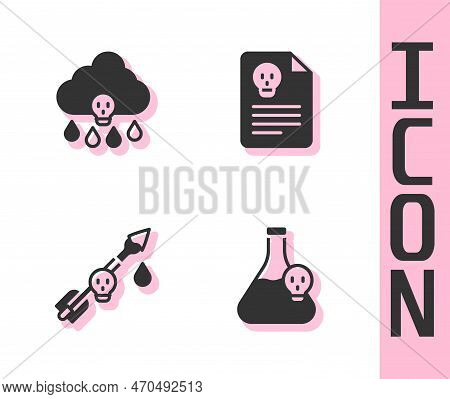 Set Beaker With Toxic Liquid, Acid Rain, Poison On The Arrow And Radiation Warning Document Icon. Ve