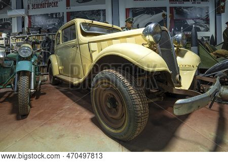 Zelenogorsk, Russia - January 27, 2023: German Retro Car Hanomag Rekord Diesel Typ D (1938) Close-up
