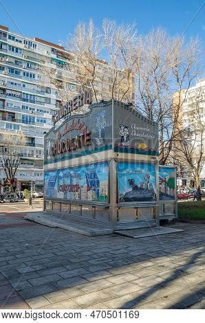 Madrid, Spain - December 27, 2021: Kiosk Of A Churro Shop (churreria) In Barrio Del Pilar, A Neighbo