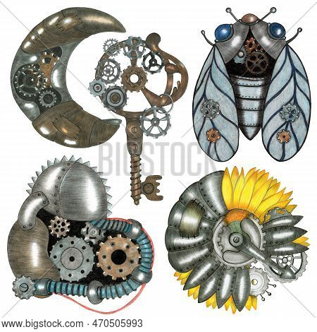 Set Of Steampunk Elements Drawn By Color Pencil.