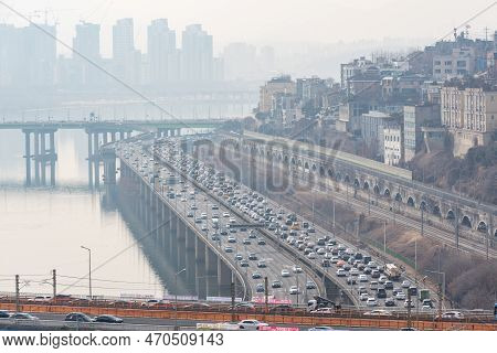 Seoul South Korea Capital Urban Areal Cityscape On A Smoggy Day