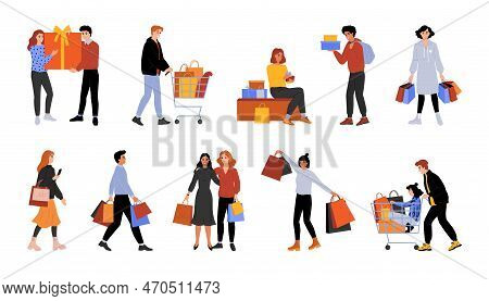 People Shop In Retail. Buyers With Bags And Carts. Persons Making Purchases. Woman On Mall Sale. Man