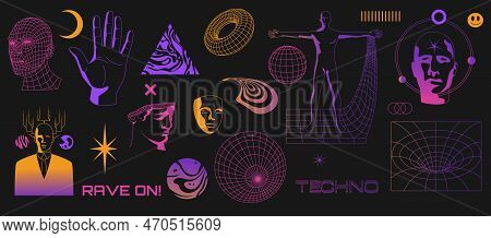 Retro Futuristic Set. Rave Techno Punk Surreal Geometric Symbols, Psychedelic Wireframe Perspective 