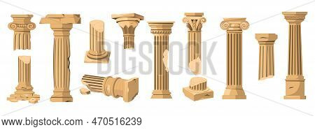 Greek Columns. Ancient Roman Stone Pillars, Old Classical Architecture Colonnade Ruins, Antique Crac