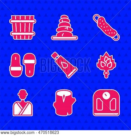 Set Cream Or Lotion Cosmetic Tube, Wooden Log, Bathroom Scales, Sauna Broom, Man In The Sauna, Slipp