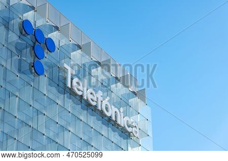 Madrid, Spain, February 4, 2023: Telefonica Brand In A Glass Building At Its Headquarters In Madrid.