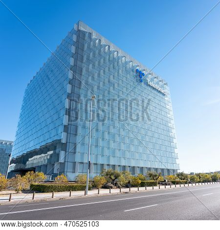 Madrid, Spain, February 4, 2023: Modern Skyscraper In The Building Complex Of Telefonicas Headquarte