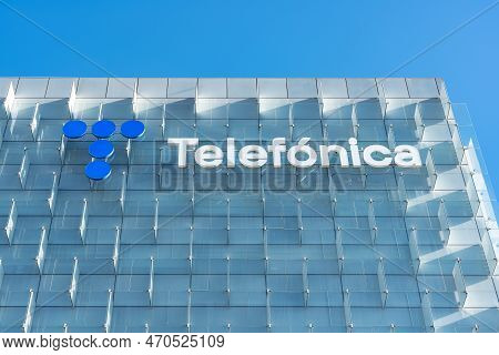 Madrid, Spain, February 4, 2023: Telefonica Brand In A Glass Building At Its Headquarters In Madrid.