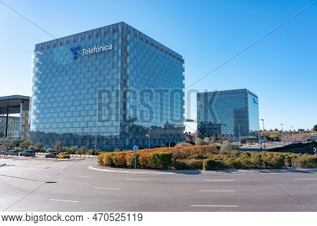 Madrid, Spain, February 4, 2023: Modern Skyscraper In The Building Complex Of Telefonicas Headquarte