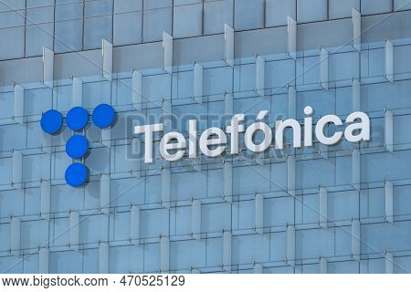 Madrid, Spain, February 4, 2023: Brand Of The Telecommunications Multinational Telefonica At Its Hea