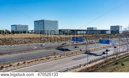 Madrid, Spain, February 4, 2023: Complex Of Buildings Of The Multinational Telefonica Next To The Ro