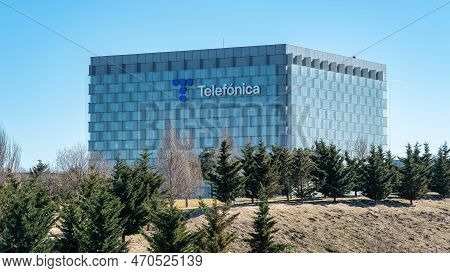 Madrid, Spain, February 4, 2023: Glass And Metal Building Of The Multinational Telefonica At Its Hea