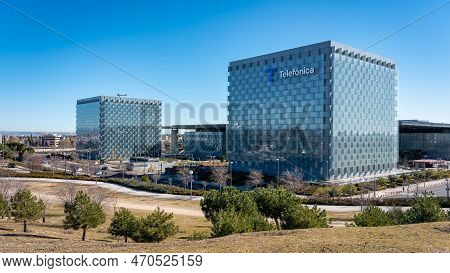 Madrid, Spain, February 4, 2023: Complex Of Buildings And Skyscrapers Of Offices Of Telefonicas Head