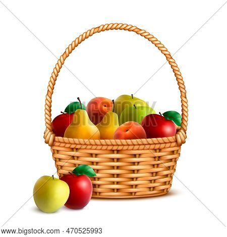 Willow Wicker Basket One Handle Full With Ripe Fresh Farmer Market Fruits Closeup Realistic Image Ve