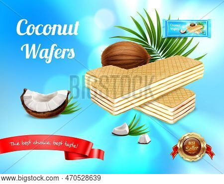 Wafer Realistic Advertisement Background With Leaves And Ripe Fruit With Waffers And Editable Text W
