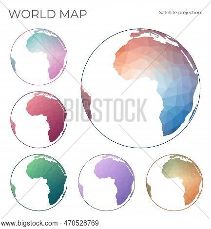 Low Poly World Map Set. Satellite (tilted Perspective) Projection. Collection Of The World Maps In G