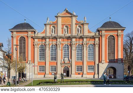 Wolfenbuttel, Germany - March 23, 2022: 
Front Facade Of The Historic Trinitatis Church In Wolfenbut