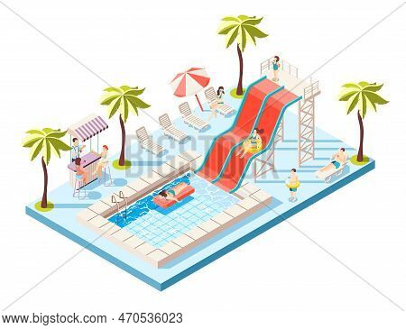 Aquapark Isometric Composition With Water Rides And Swimming Pool Vector Illustration