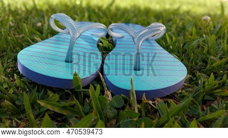 Sllipers On Grass In  A Sunny Day In  The Rest Holiday In Garden