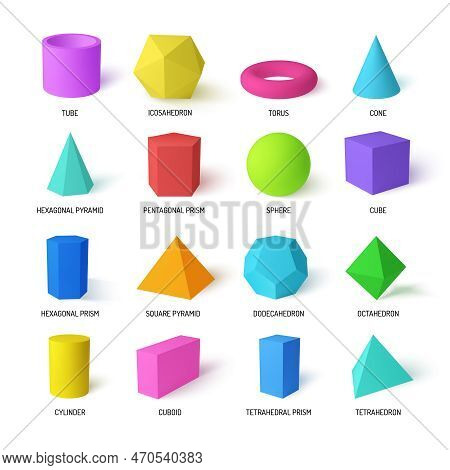 Basic Stereometry Shapes Realistic Colorful Set Of Tetrahedral And Hexagonal Prism Icosahedron Dodec