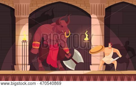 Minotaur Fabulous Mythical Creature Half Man With Bulls Head Tail Fighting With Theseus Flat Composi