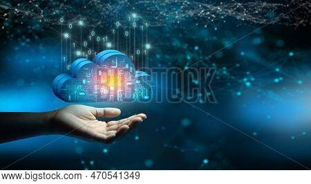Businessman Hand Holding Cloud Computing Technology Internet Storage Network. Cloud Service, Cloud T
