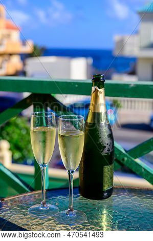 Dinner Party, Drinking Of Cava Or Champagne Sparkling Wine In Vacation Resort Caleta Fuste, Fuerteve