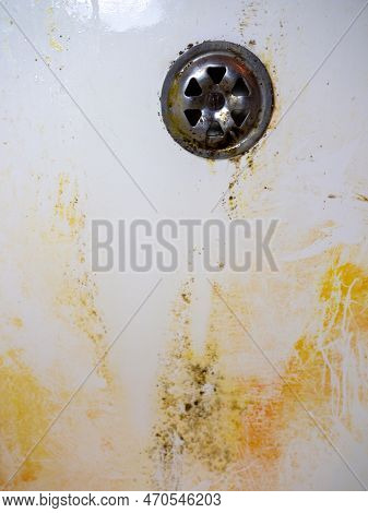 Mold On Bathroom Enamel. Black Dots Of Mold And Yellow Plaque. Requires Cleaning. Before Using Clean