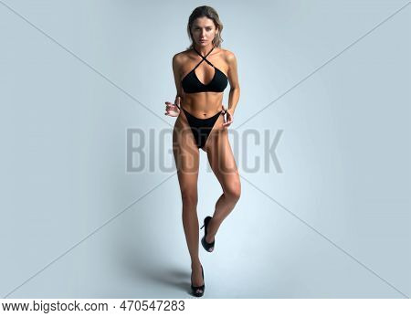 Full Body Of Ingerie Model In Sexy Bra And Panties. Lace Black Lingerie. Breast In Sexy Bra, Natural